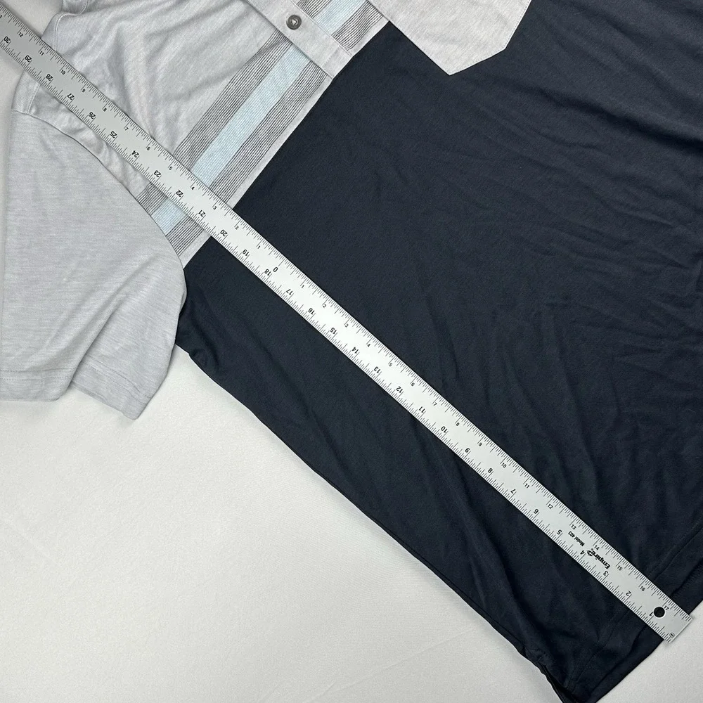 Travis Mathew Men's Striped Polo Shirt, Blue and Gray Embroided Performance Golf - Picture 4 of 6